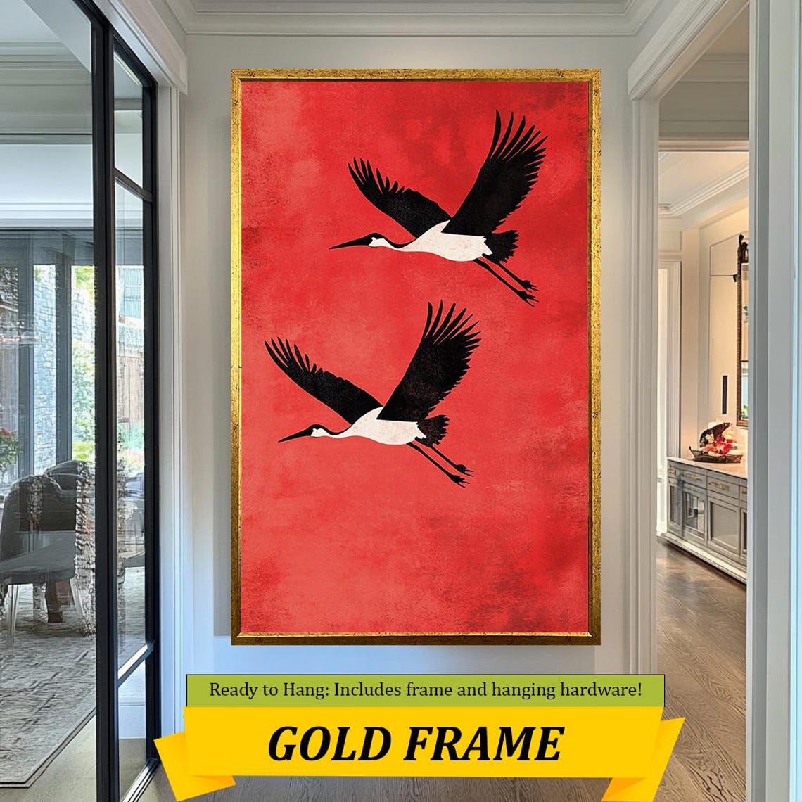 Japanese Black White Cranes in Flight Bold Red Background Wall Art - Image 3
