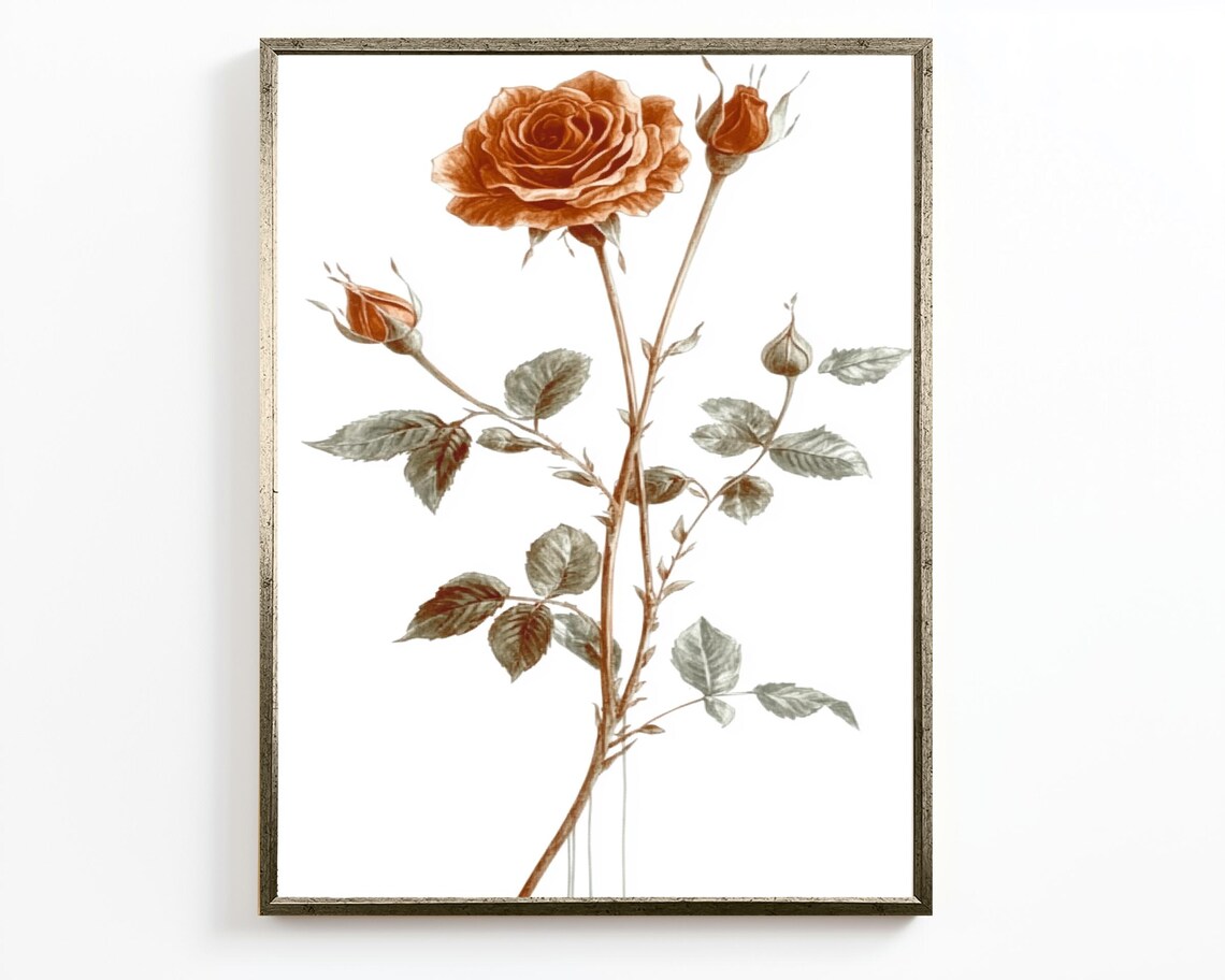 Vintage Rose Botanical Illustration Champagne Bloom Flower Stem Print - Image 2