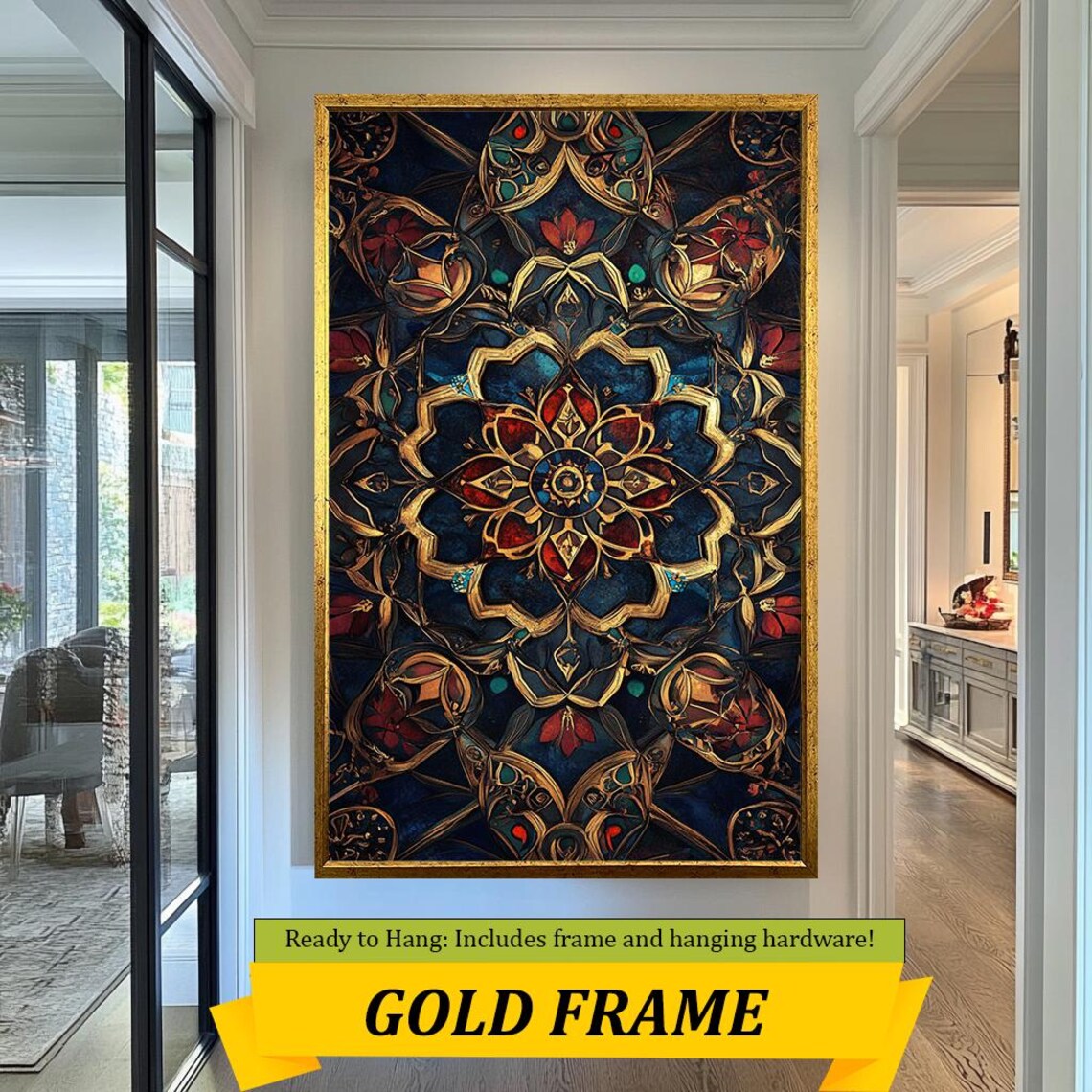 Luxury Gold Mandala Ornamental Floral Medallion Dark Navy Wall Art - Image 3