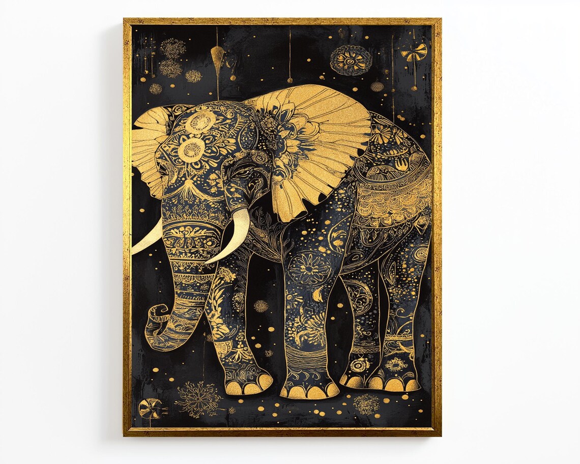 Ornate Gold Elephant Mandala Black Luxury Indian Style Animal Wall Art Poster - Image 2