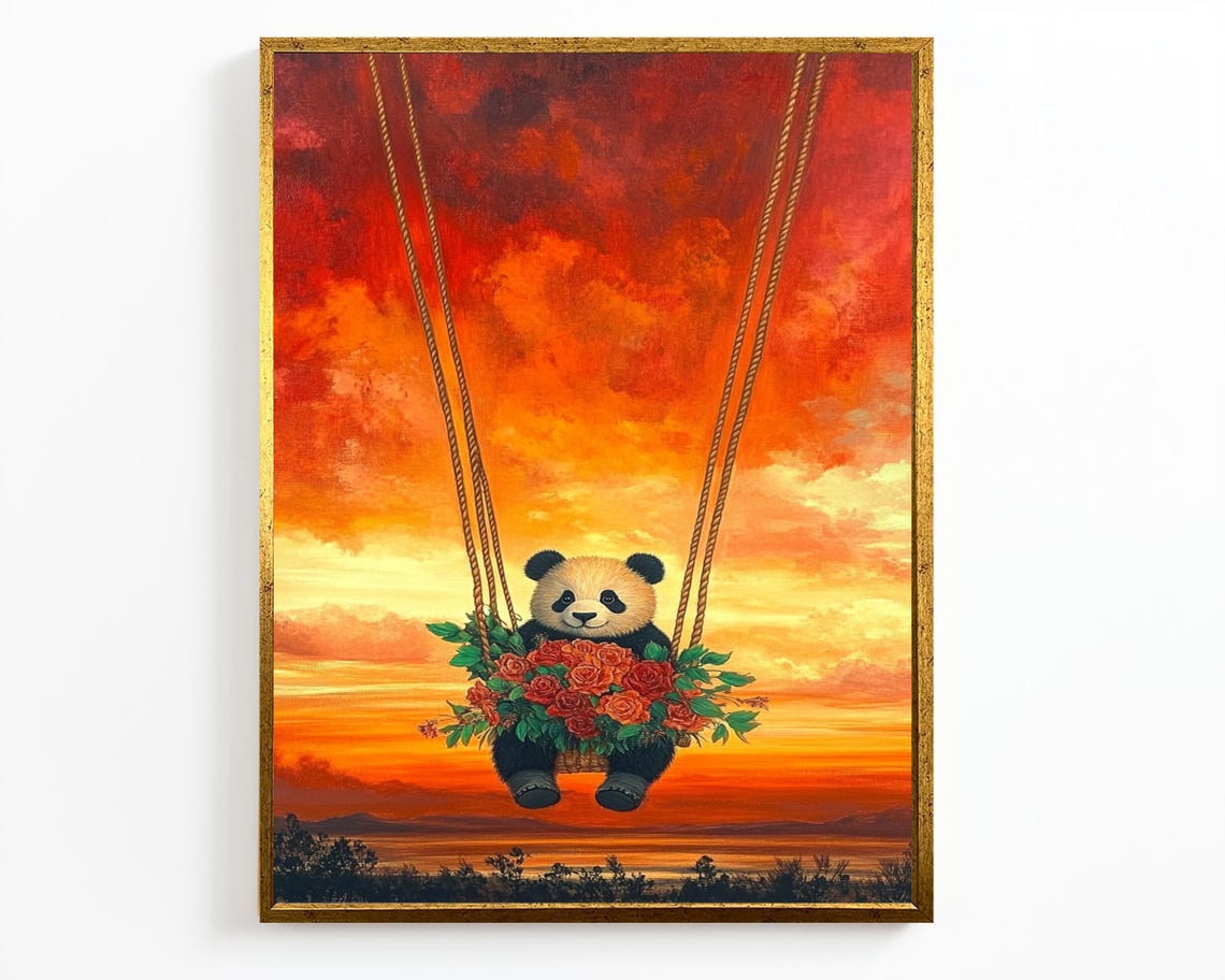 Adorable Panda Swinging At Sunset With Rose Bouquet Nursery Wall Art - Image 2