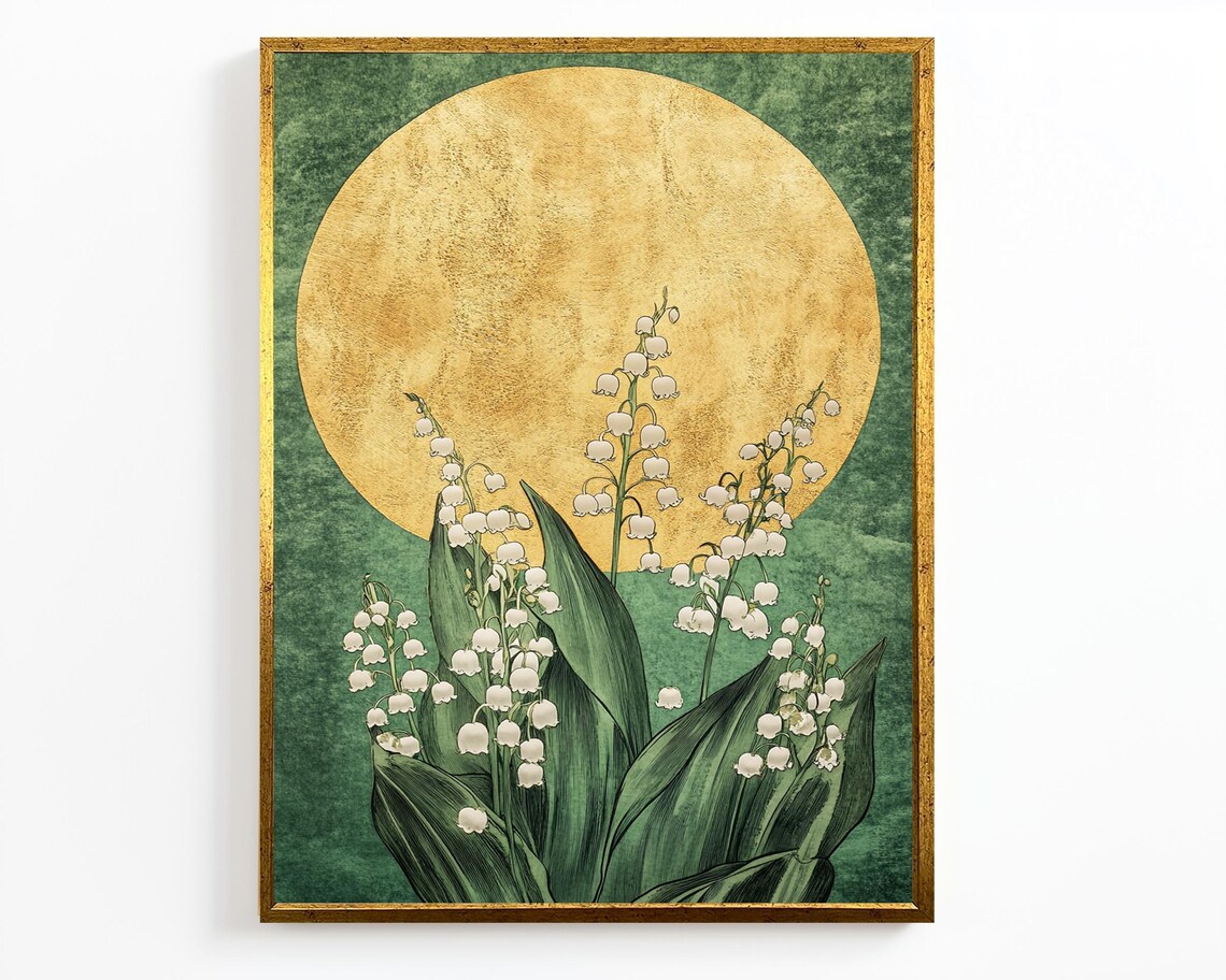 Golden Sun Lily Of The Valley Green Textured Elegant Botanical Poster - Image 2