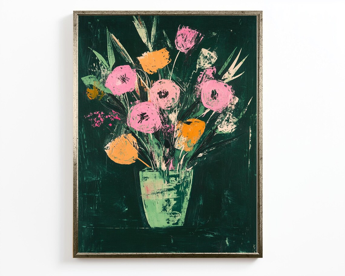 Vibrant Pink Yellow Flowers Green Vase Dark Botanical Wall Art Poster - Image 2