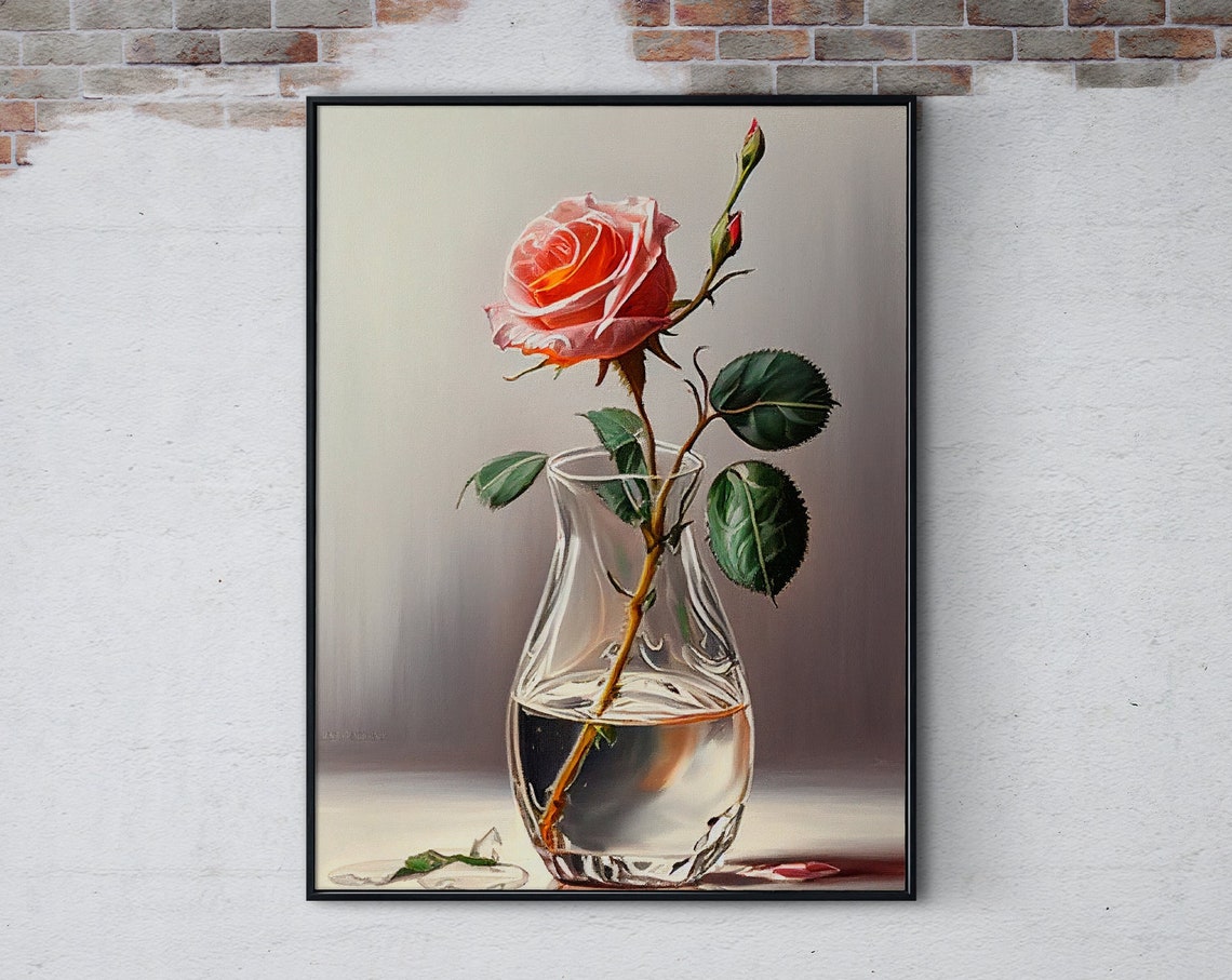 Pink Rose in Glass Vase Classic Still Life Floral Art Poster