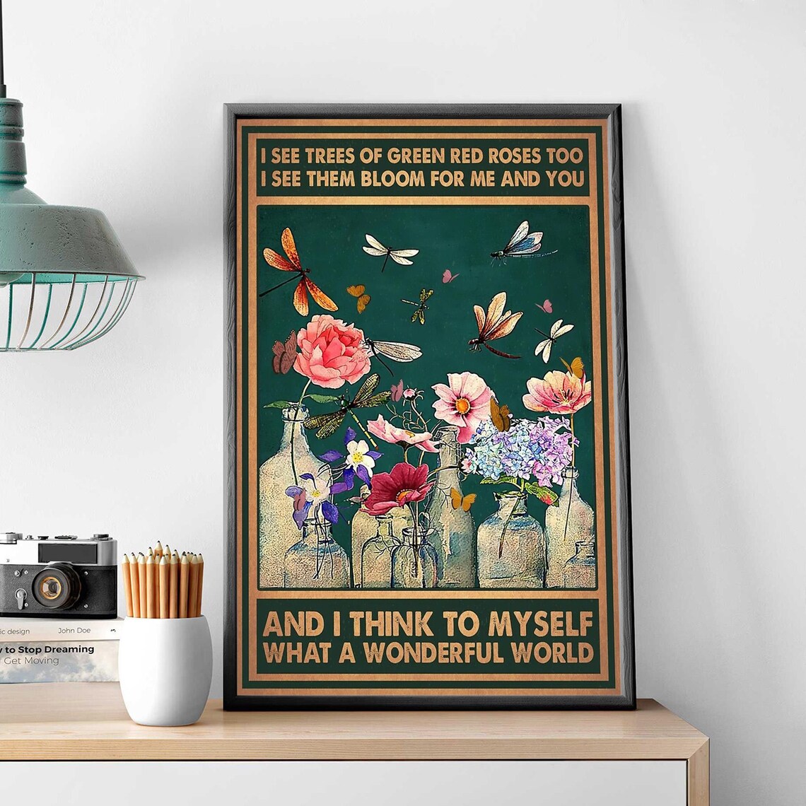 What A Wonderful World Dragonfly Flower Botanical Vintage Poster - Image 3