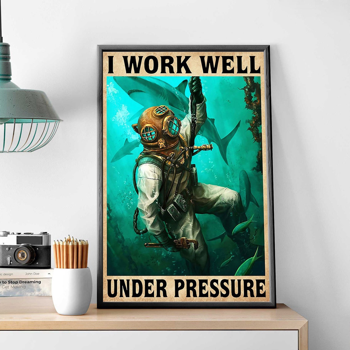 I Work Well Under Pressure Deep Sea Diver Sharks Vintage Poster - Image 2