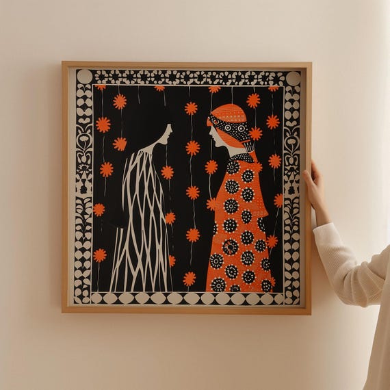 Two Ladies Art Deco Print Silhouette Art Nouveau Poster Bold Floral Patterns Square Wall Art Black And Orange French Wall Decor