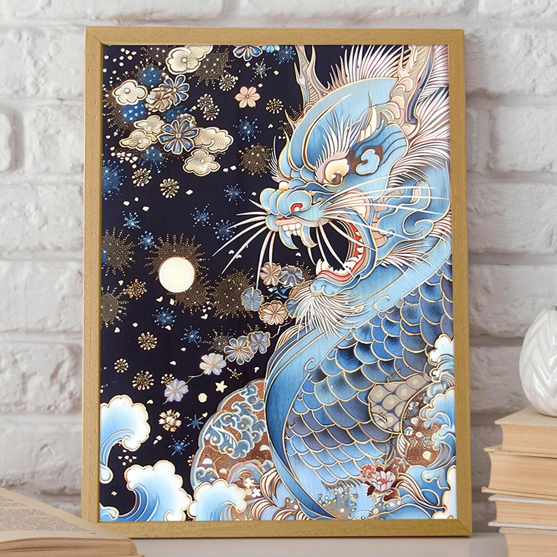 Celestial Blue Dragon, Lunar Night Sky Fantasy Art Print - Image 2