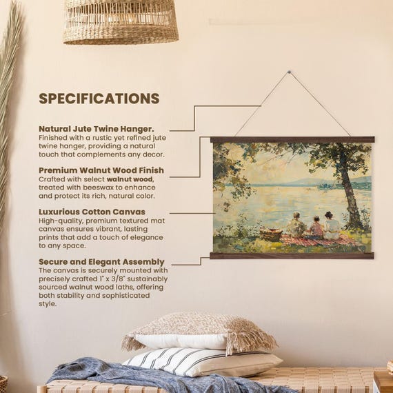 Family Picnic By The Lake Wall Hanging Serene Nature Scene Cozy Home Decor Printed On Premium With Real Walnut Wooden Hangers
