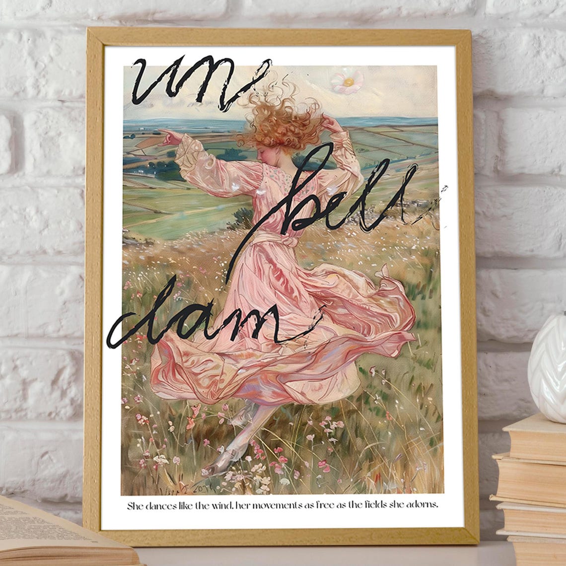Dancing Girl Art Print Pink Dress Feminine Artwork Romantic Rococo Fashion Wall Art Floral Field Art Poster Poster Or Print - Image 2