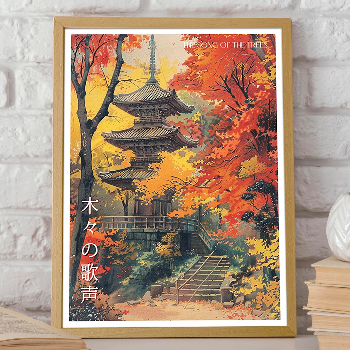 Japanese Pagoda Fall Landscape, Autumn Leaves Art Print - Image 2