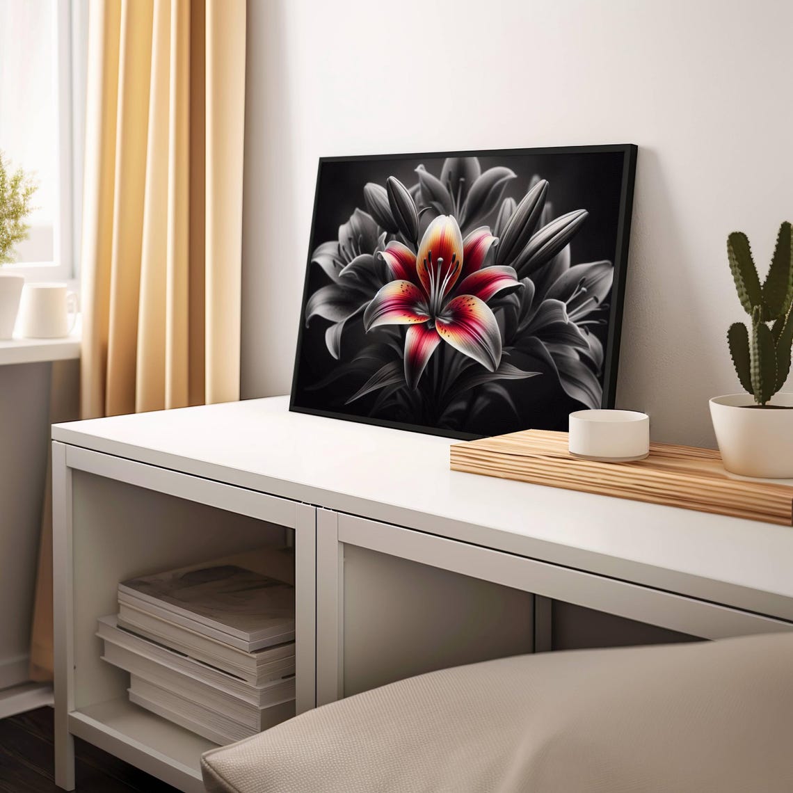 Color Pop Red Lily Flower Blooming On Black And White Photo Poster - Image 3