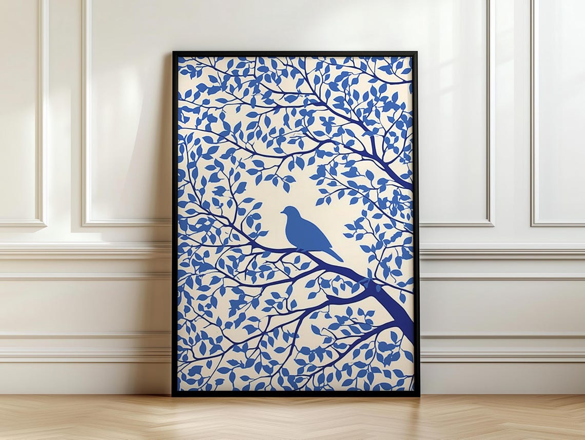 Blue Pigeon Silhouette On A Branch In Chinoiserie Style Poster - Image 7