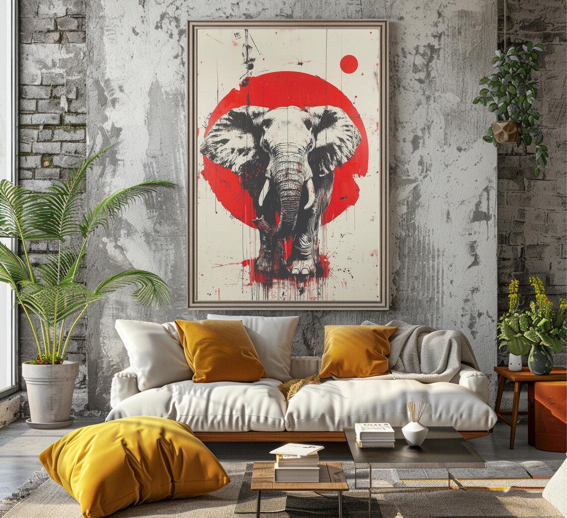 Elephant Before Giant Red Sun Trash Polka Style Ink Art Poster - Image 7