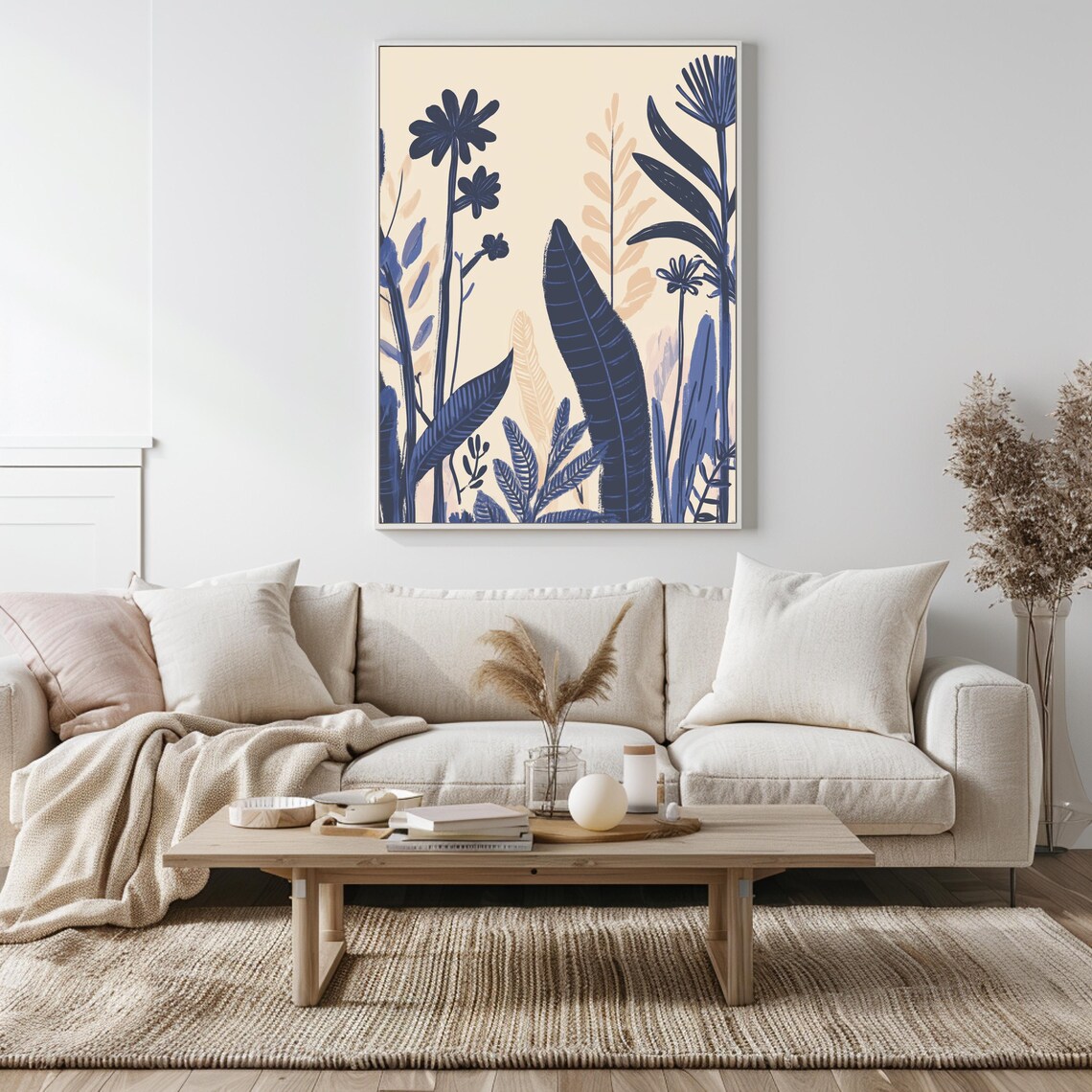 Navy and Peach Botanical Silhouettes Cream Chinoiserie Floral Poster - Image 5