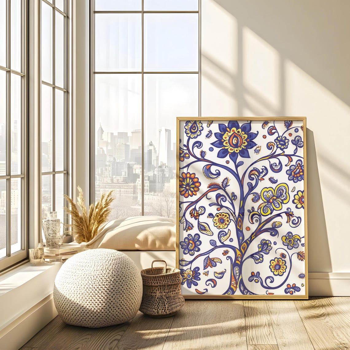 Ukrainian Folk Art Tree Of Life Cobalt Blue Orange Floral Poster - Image 4