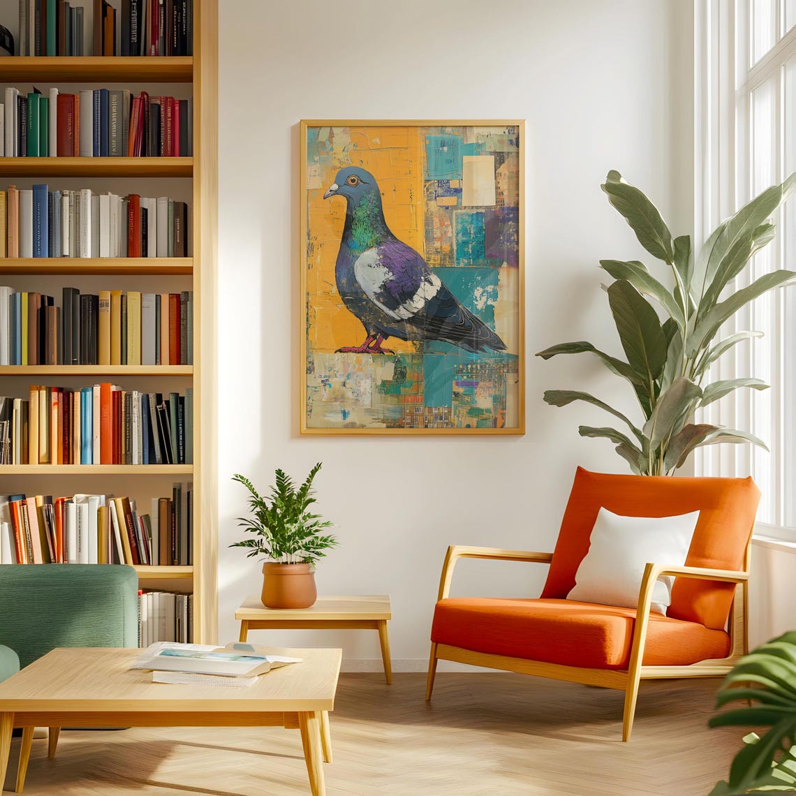 Blue Pigeon Portrait On Yellow And Teal Abstract Style Art Poster - Image 3