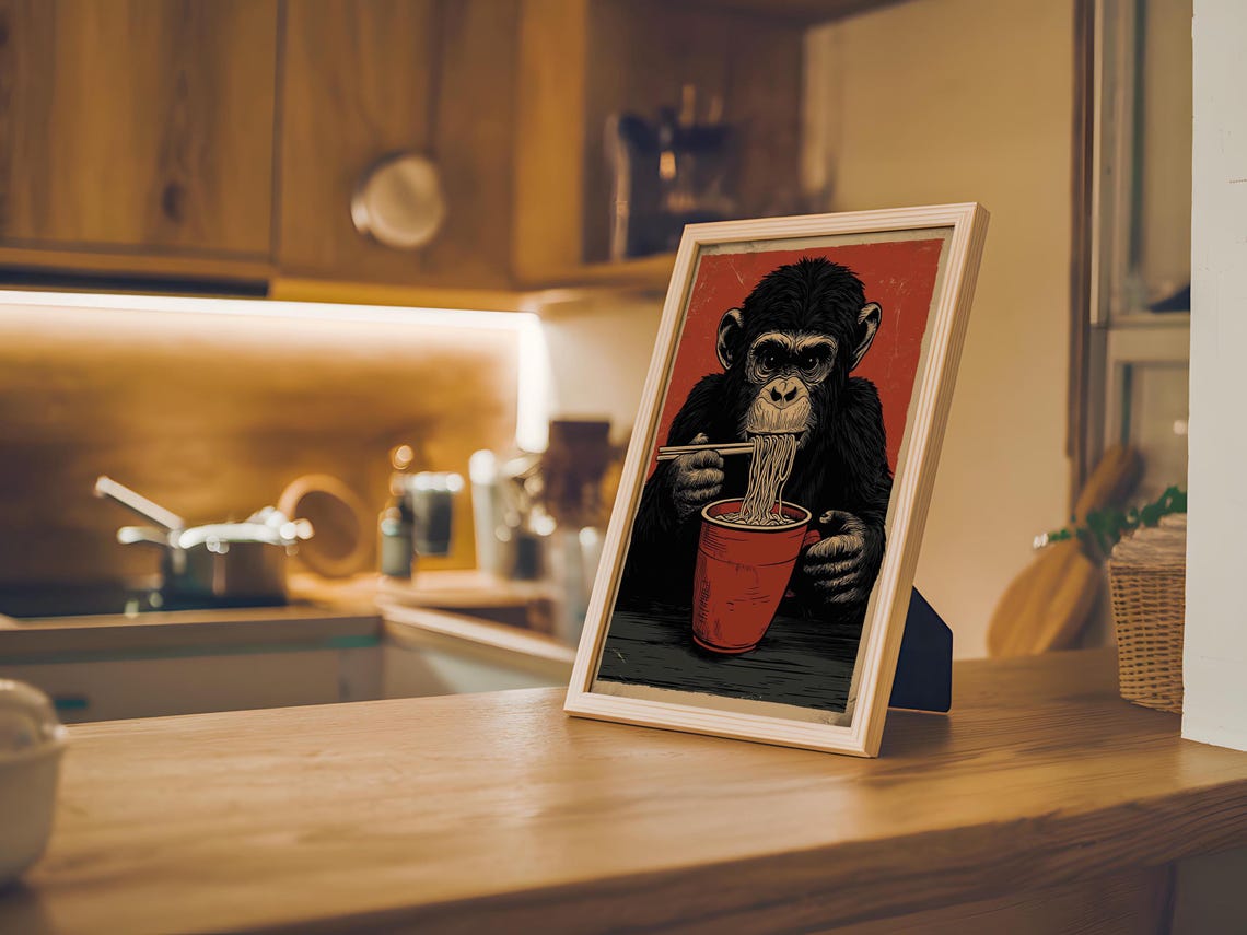 Funny Monkey Eating Ramen Noodles Vintage Red Background Poster - Image 6