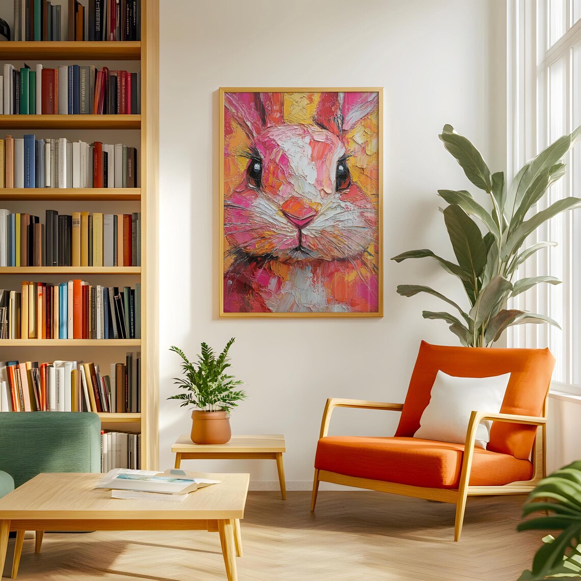 Vibrant Impasto Bunny Face Bold Pink Orange Thick Brushstroke Textured Art Poster - Image 2