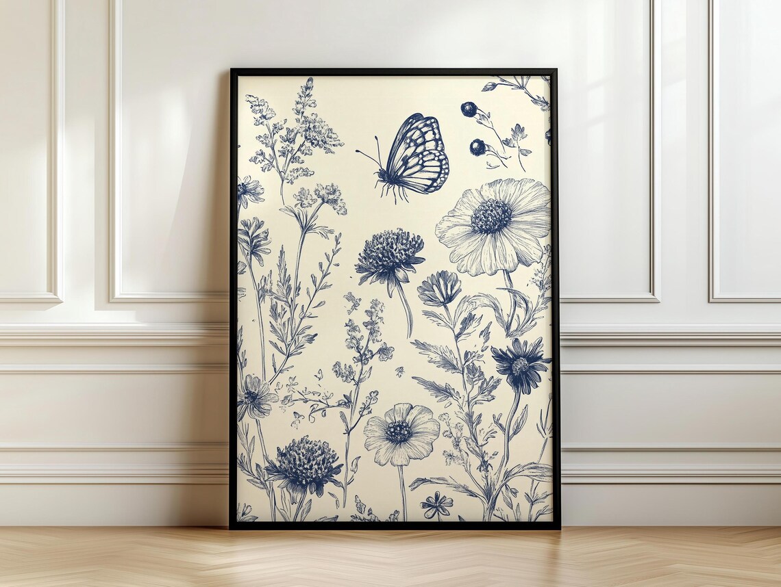 Blue Ink Botanical Sketch with Butterfly Vintage Floral Art Poster - Image 7