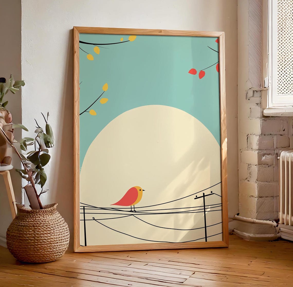 Red And Yellow Bird On Wire Large Sun Teal Minimalist Poster
