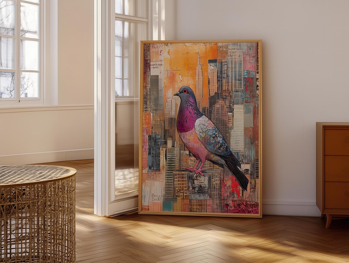 Painted Pigeon Over An Orange New York Skyline Sunset Art Poster - Image 6