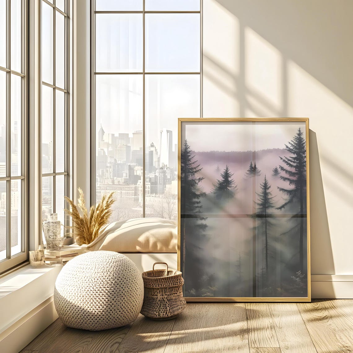 Moody Dark Pine Forest Shrouded in Thick Pink Gray Fog Poster - Image 2