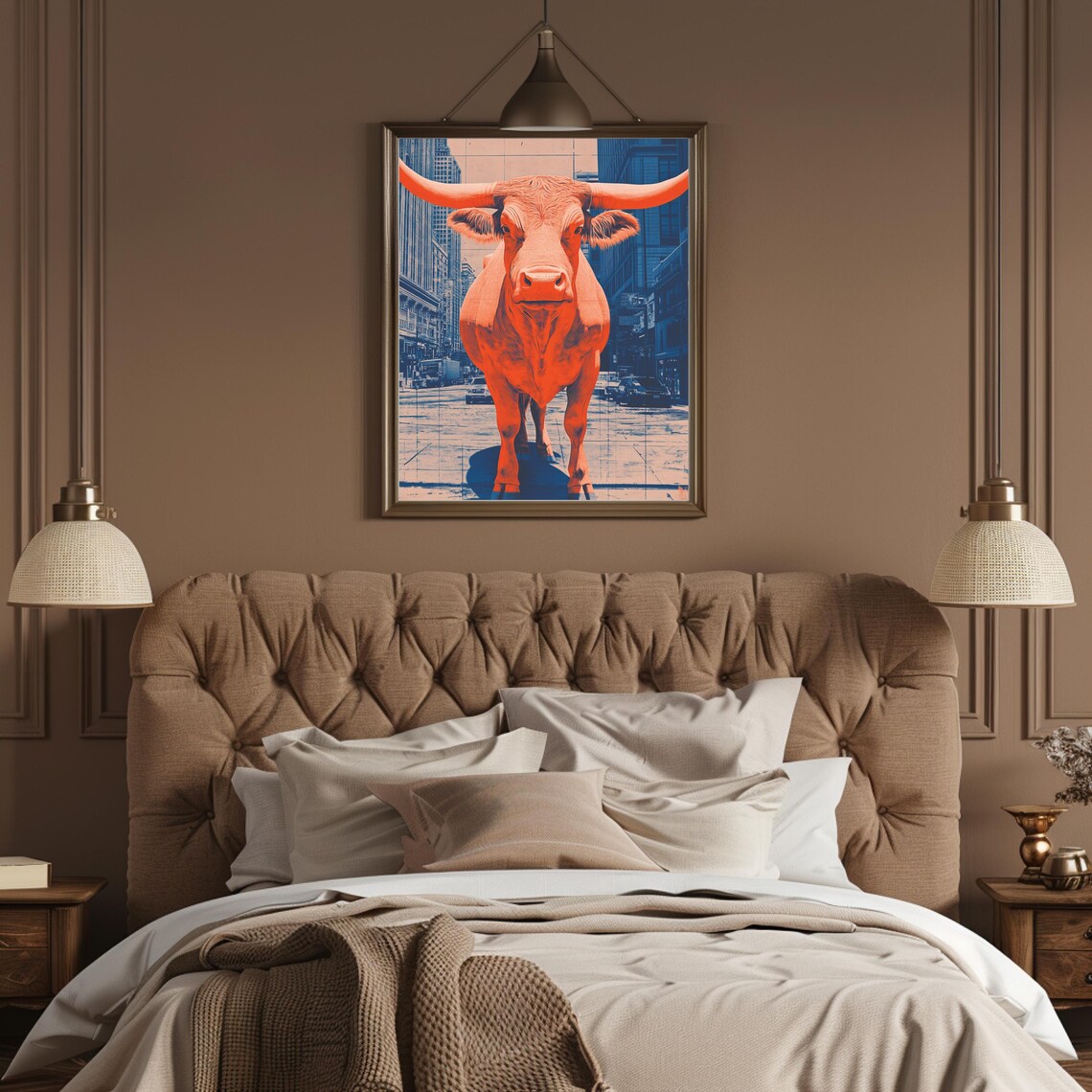 Bold Orange Longhorn Cow on City Street Urban Western Art Poster - Image 3