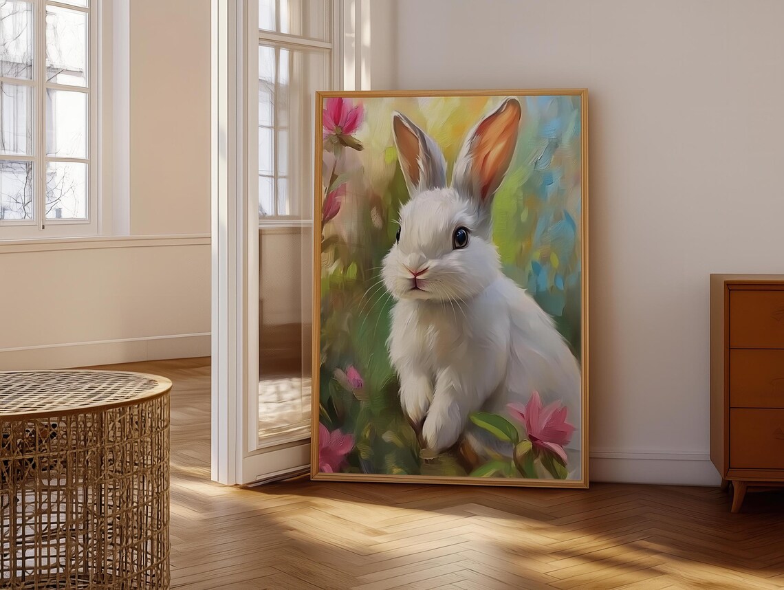 White Bunny Among Pink Blossoms Soft Painterly Spring Garden Animal Wall Art - Image 6