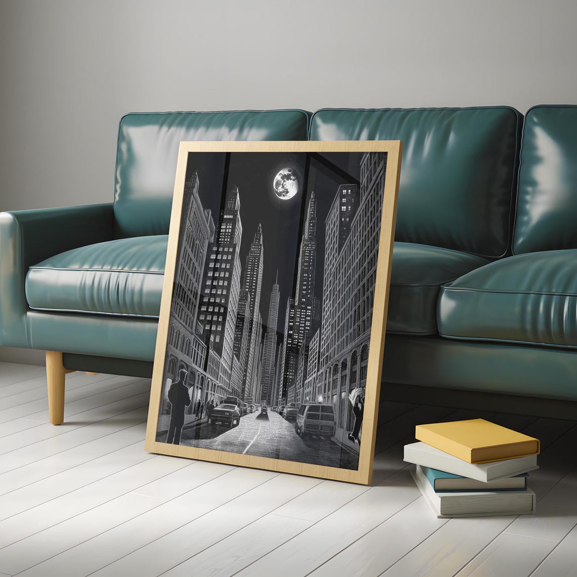 Dark Skyscraper Street Under Full Moon Detailed Sketch Poster - Image 5