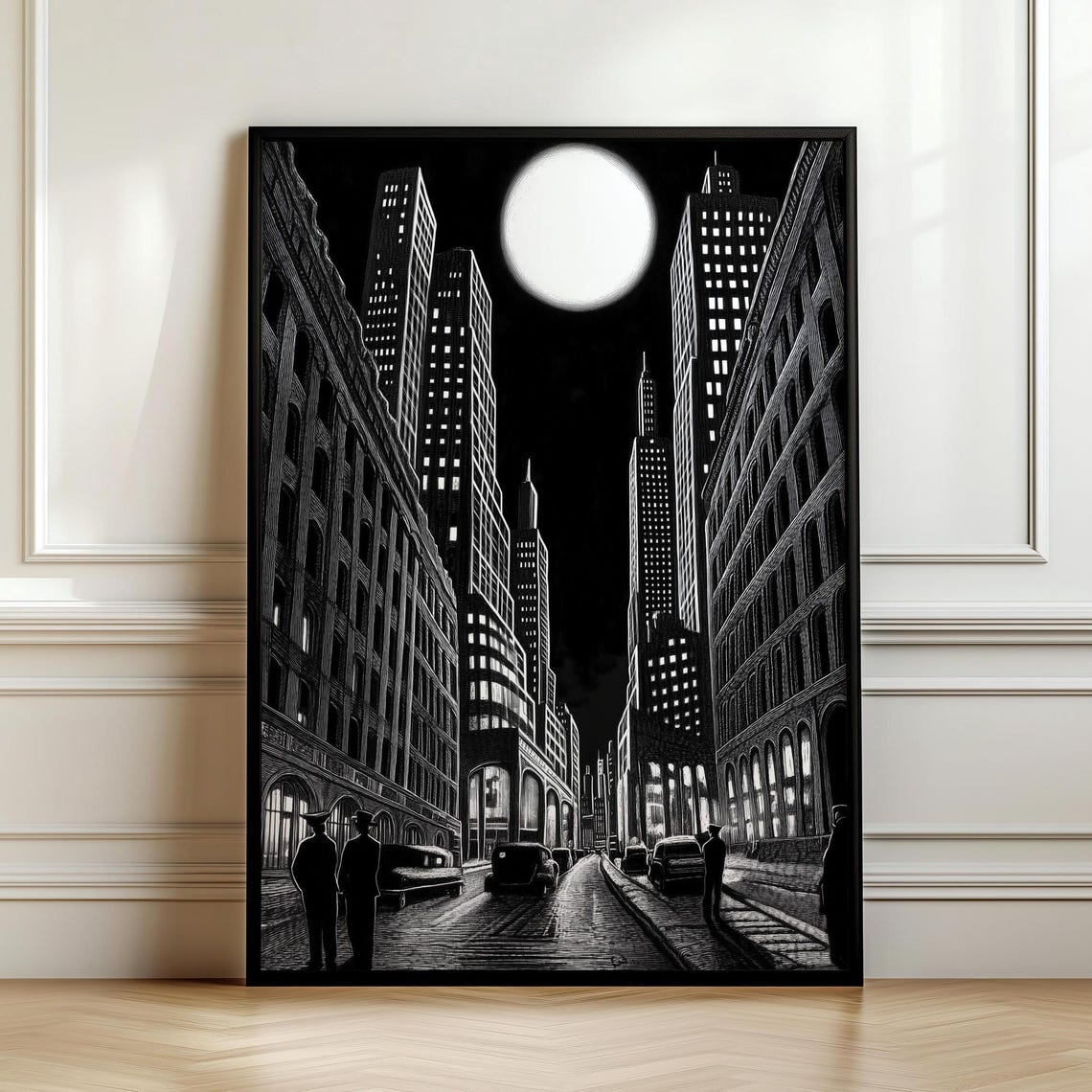 Gothic City Street Under a Giant Full Moon Ink Drawing Poster