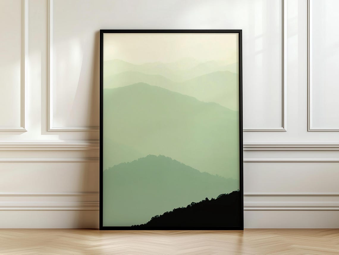 Misty Sage Green Mountain Layers With Dark Silhouette Poster - Image 7