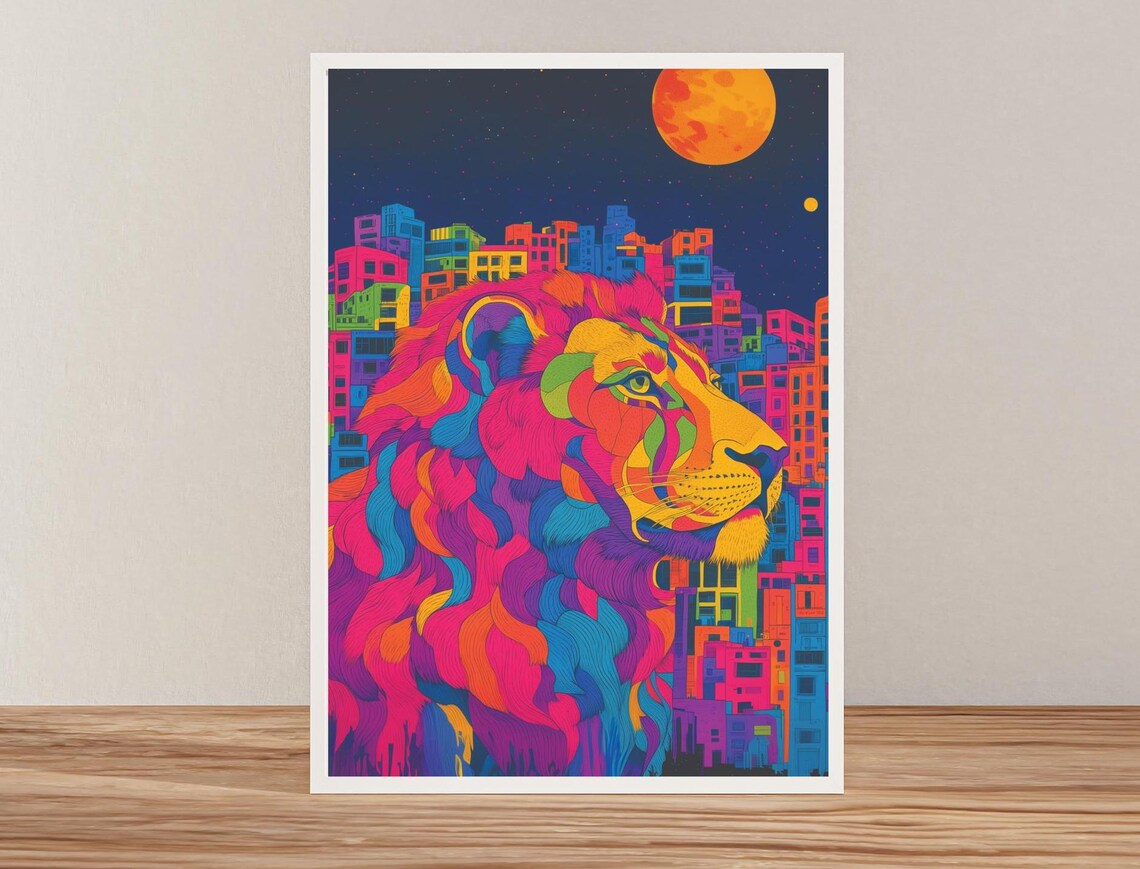 Rainbow Lion Profile Over A Neon Night City Skyline Art Poster
