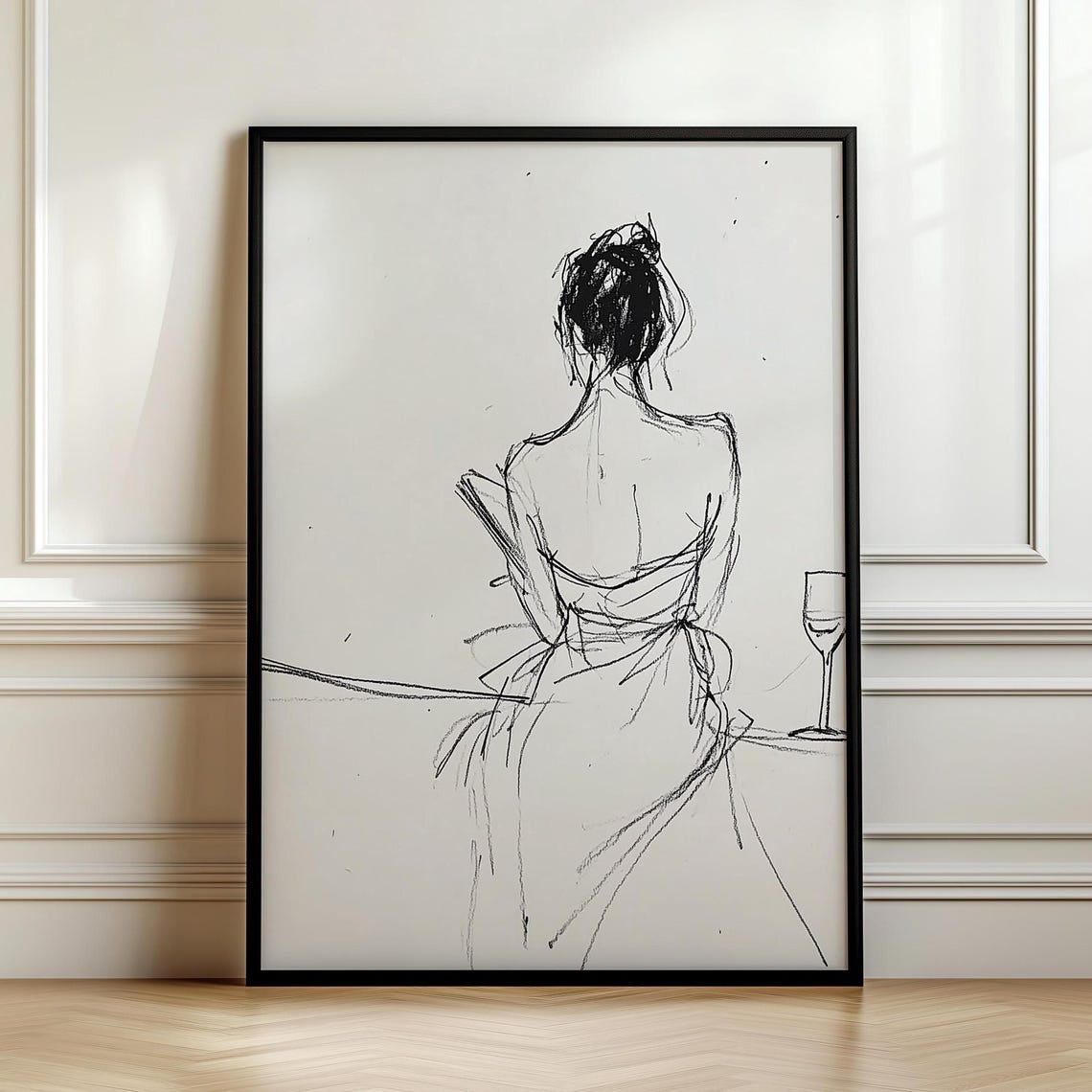 Standing Woman Line Sketch With Wine Glass Beige Minimalist Poster - Image 7