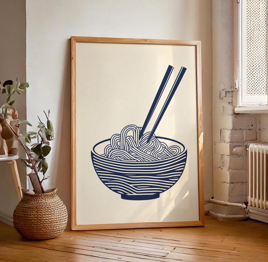 Minimalist Navy Ramen Bowl Line Art Illustration on Cream Poster