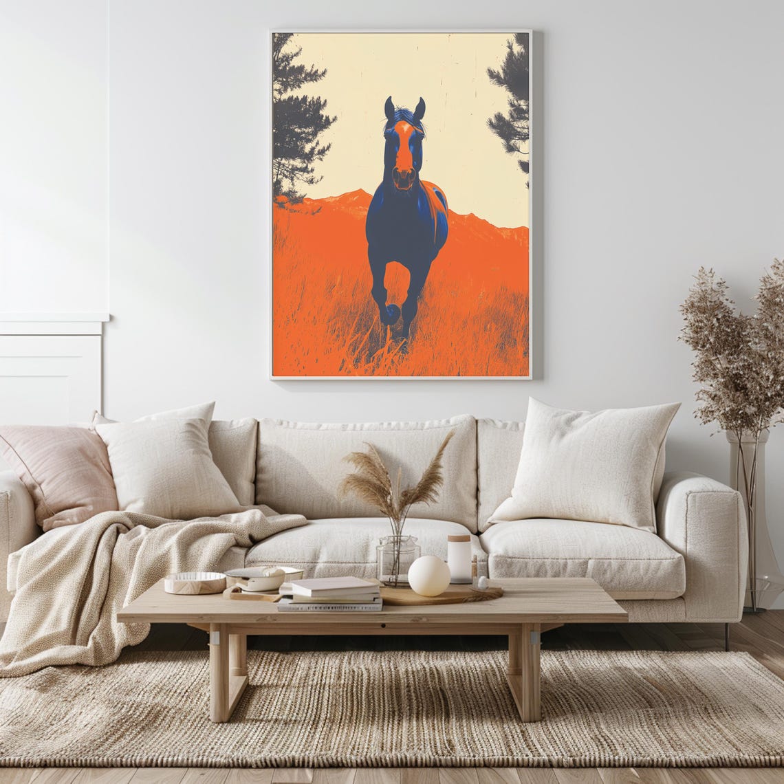 Bronco Horse Charging Through Orange Fields Blue Duotone Art Poster - Image 5