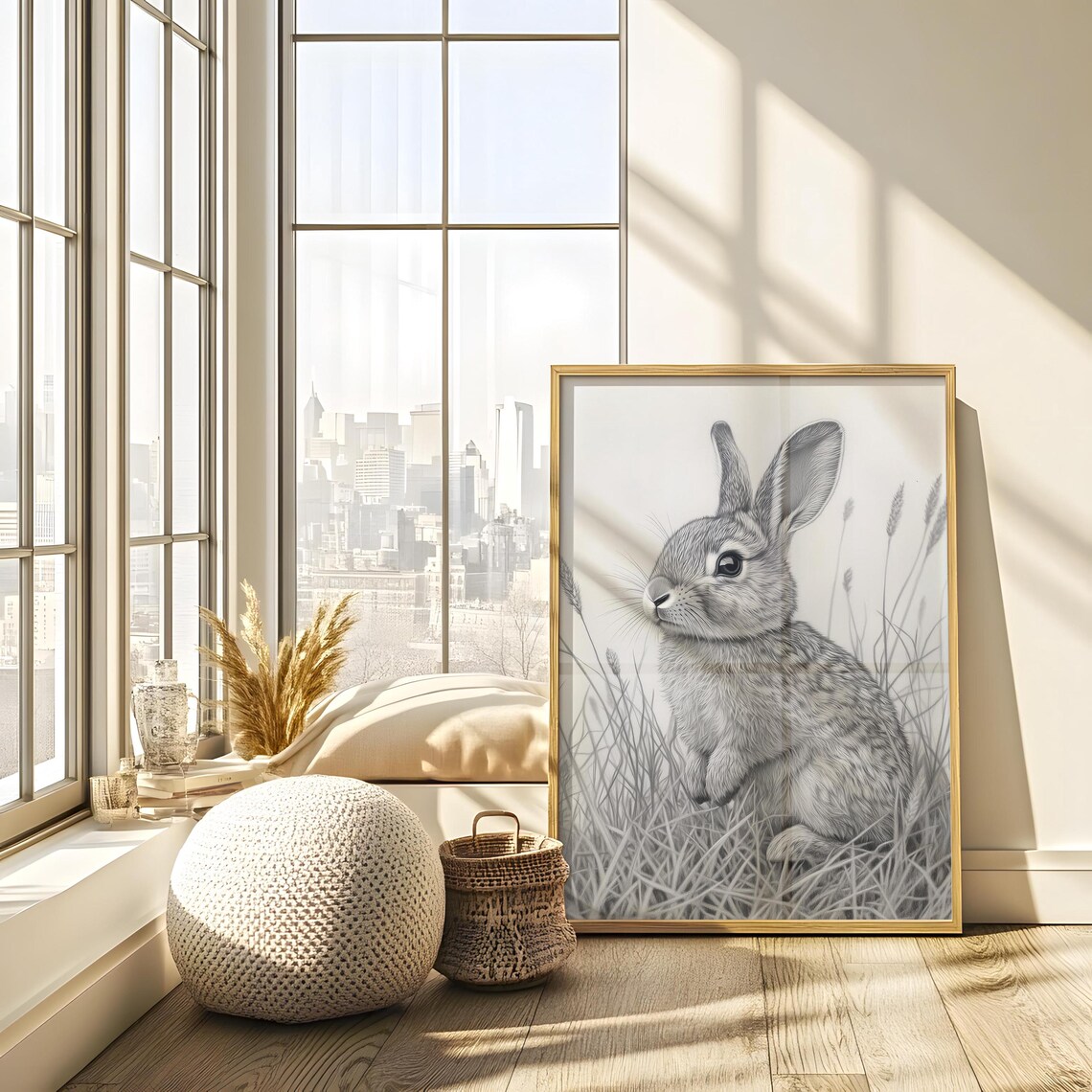 Gray Bunny Pencil Sketch Sitting In Tall Grass Minimalist Woodland Animal Drawing Poster - Image 2