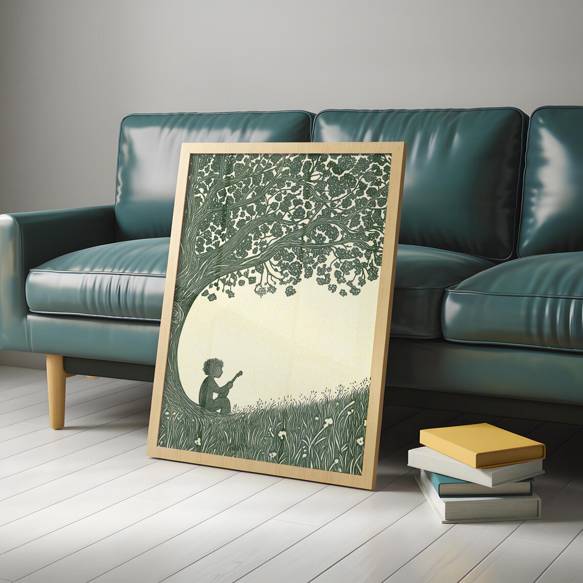Boy With Pipe Under Great Tree Green Ink Folk Illustration Tapestry Style Art Poster - Image 4