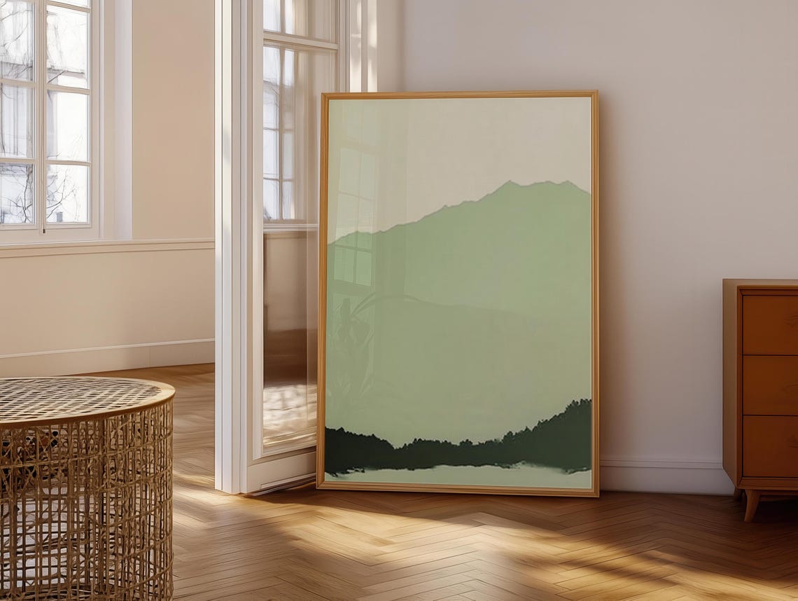 Green Mountain Wall Hanging Sage Green Lime Cream Art Minimalist Peaceful Foggy Calming Scenery - Image 6