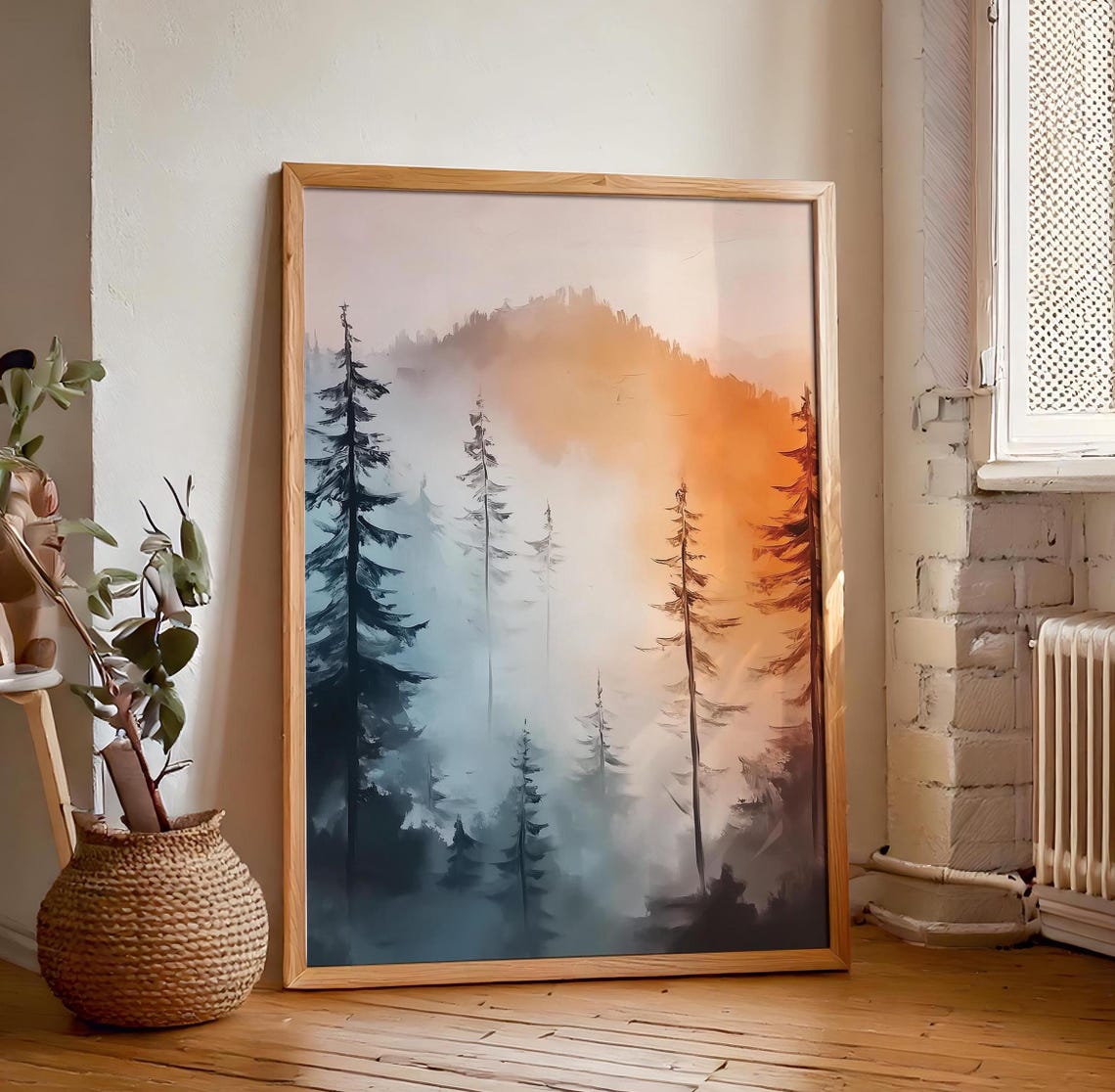 Foggy Mountain Pines Beneath an Orange Sunset Glow Painting Poster - Image 7