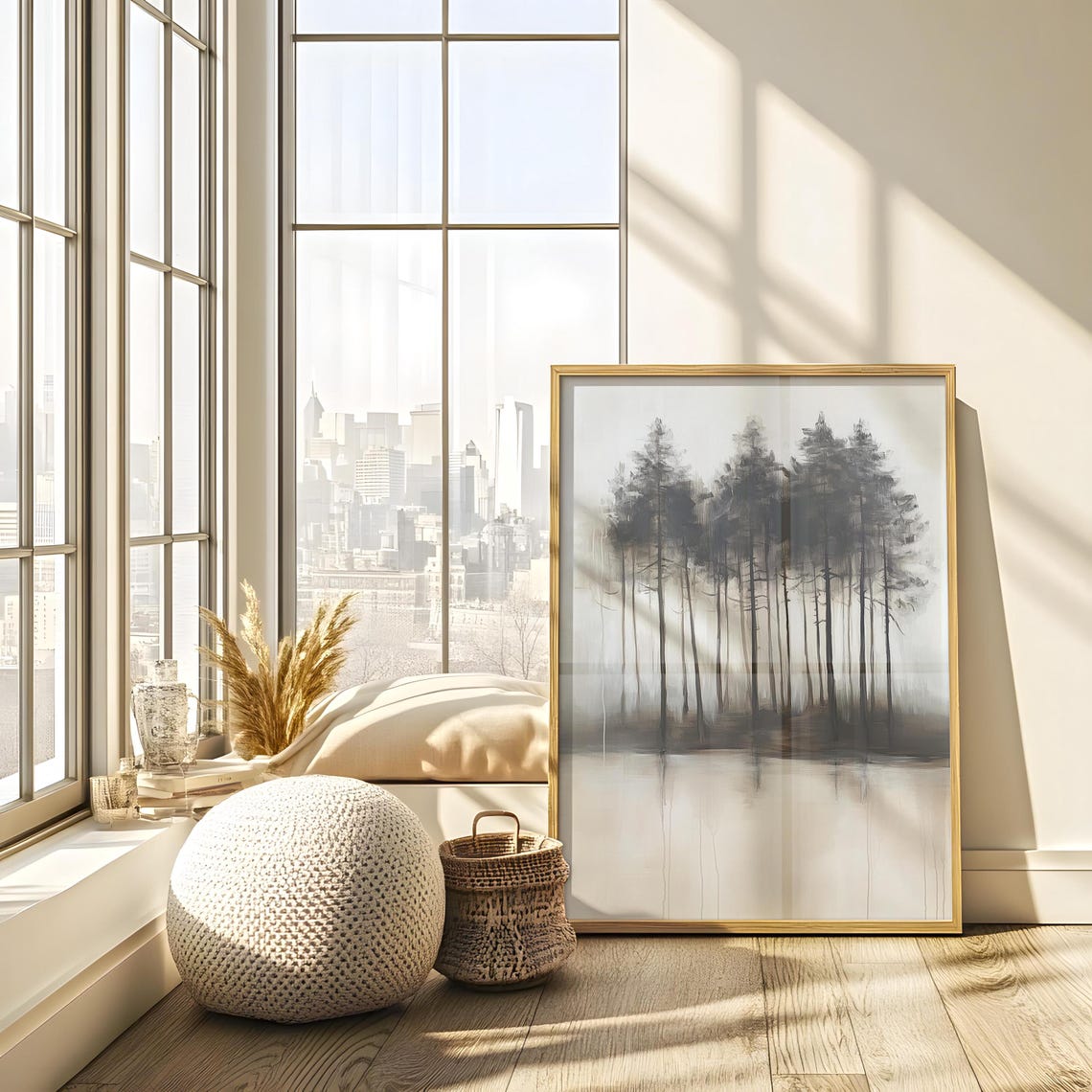 Minimalist Ink Pine Stand Reflected in Still Water Painting Poster - Image 2