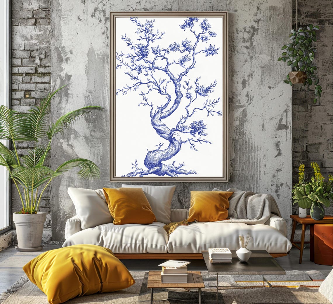 Blue Ink Twisted Blossom Tree with Roots Botanical Line Poster - Image 7