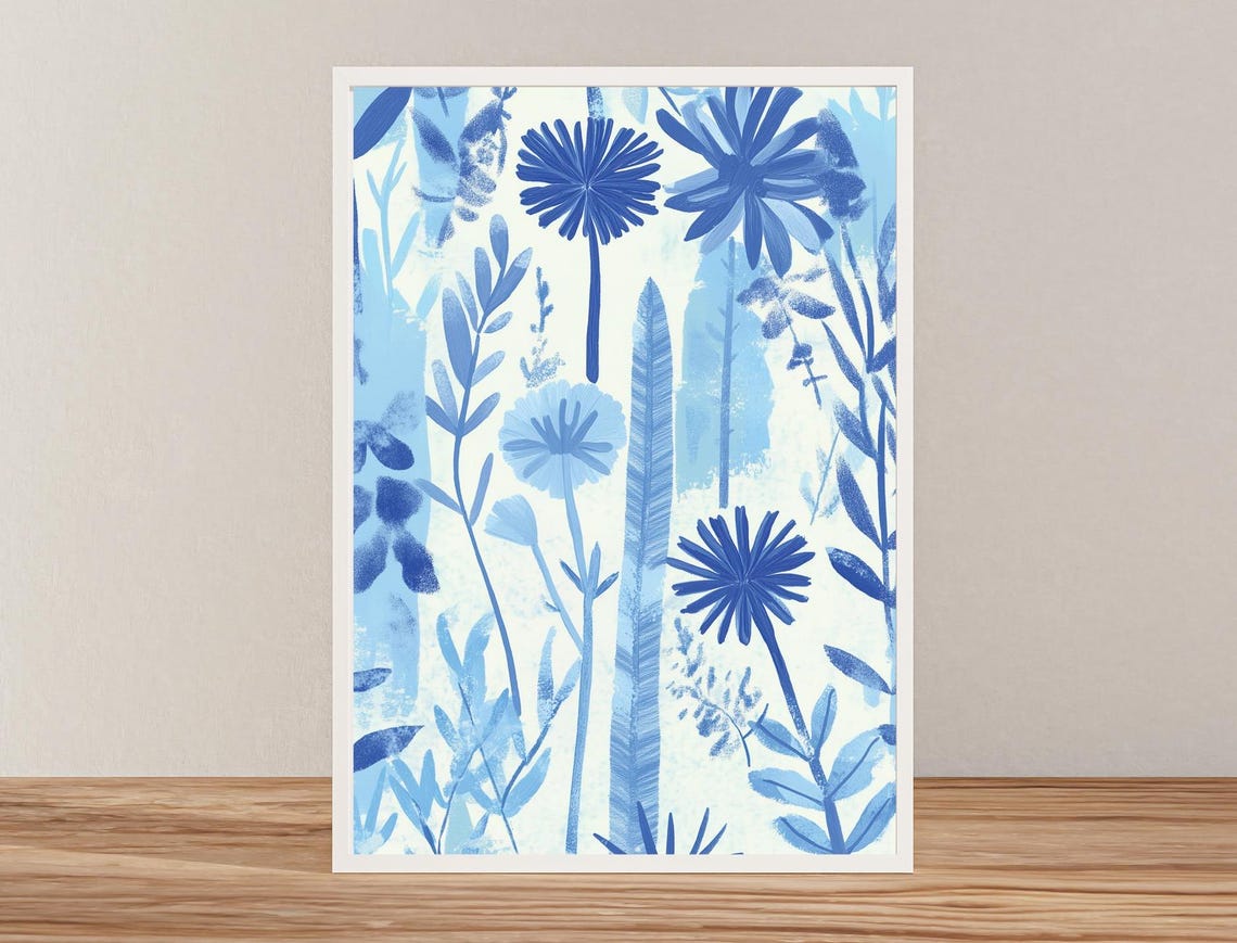 Tall Cobalt Daisy Stems Feathery Leaves Blue White Botanical Poster