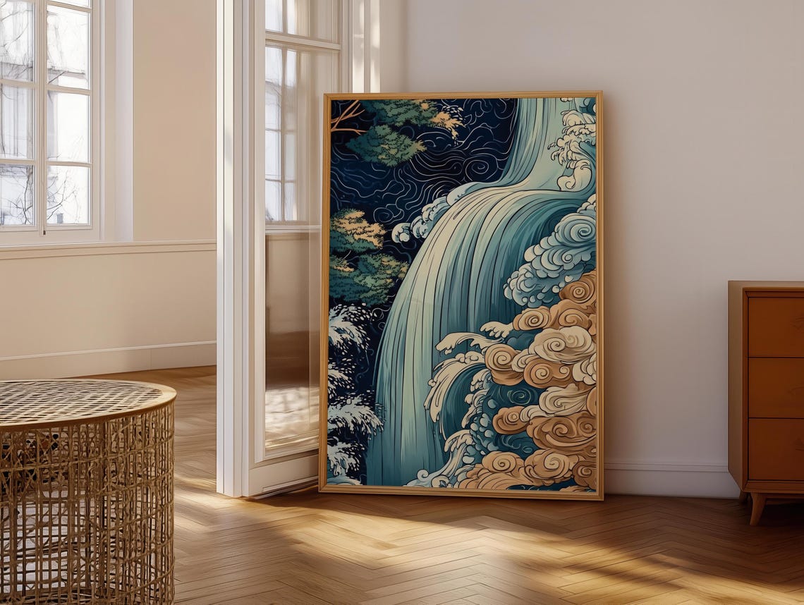 Dramatic Ukiyo-e Style Waterfall Cascading with Golden Clouds Poster - Image 6
