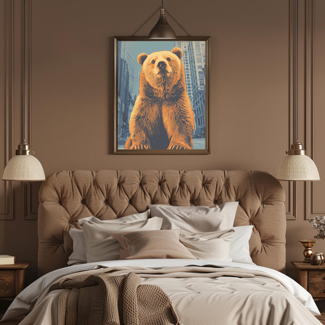 Giant Brown Bear Sitting Calmly Among City Skyscrapers Art Poster - Image 3