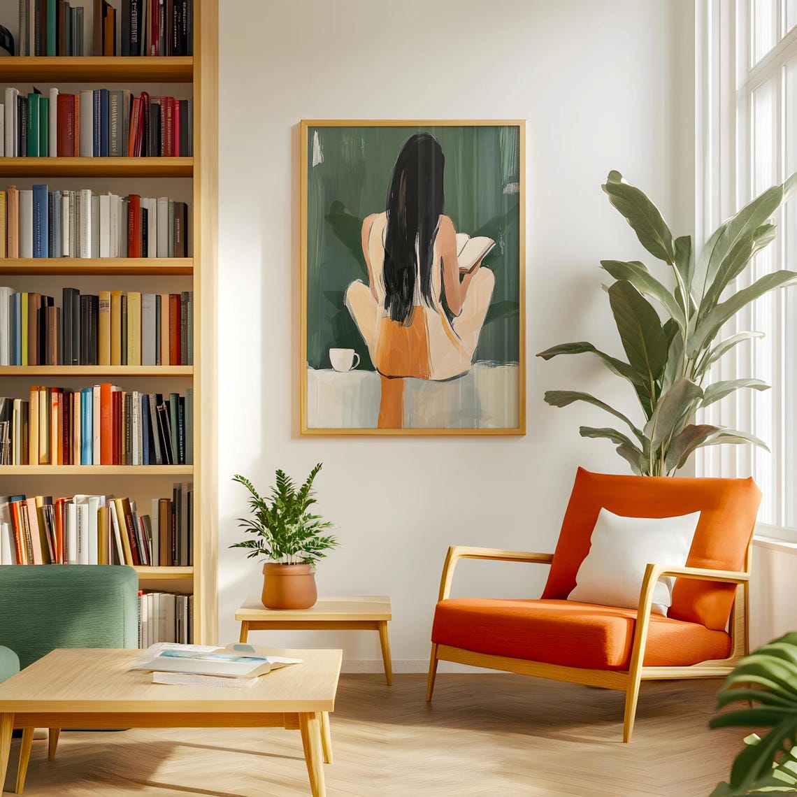 Woman Reading Cross-Legged From Behind Orange Top Minimal Poster - Image 2