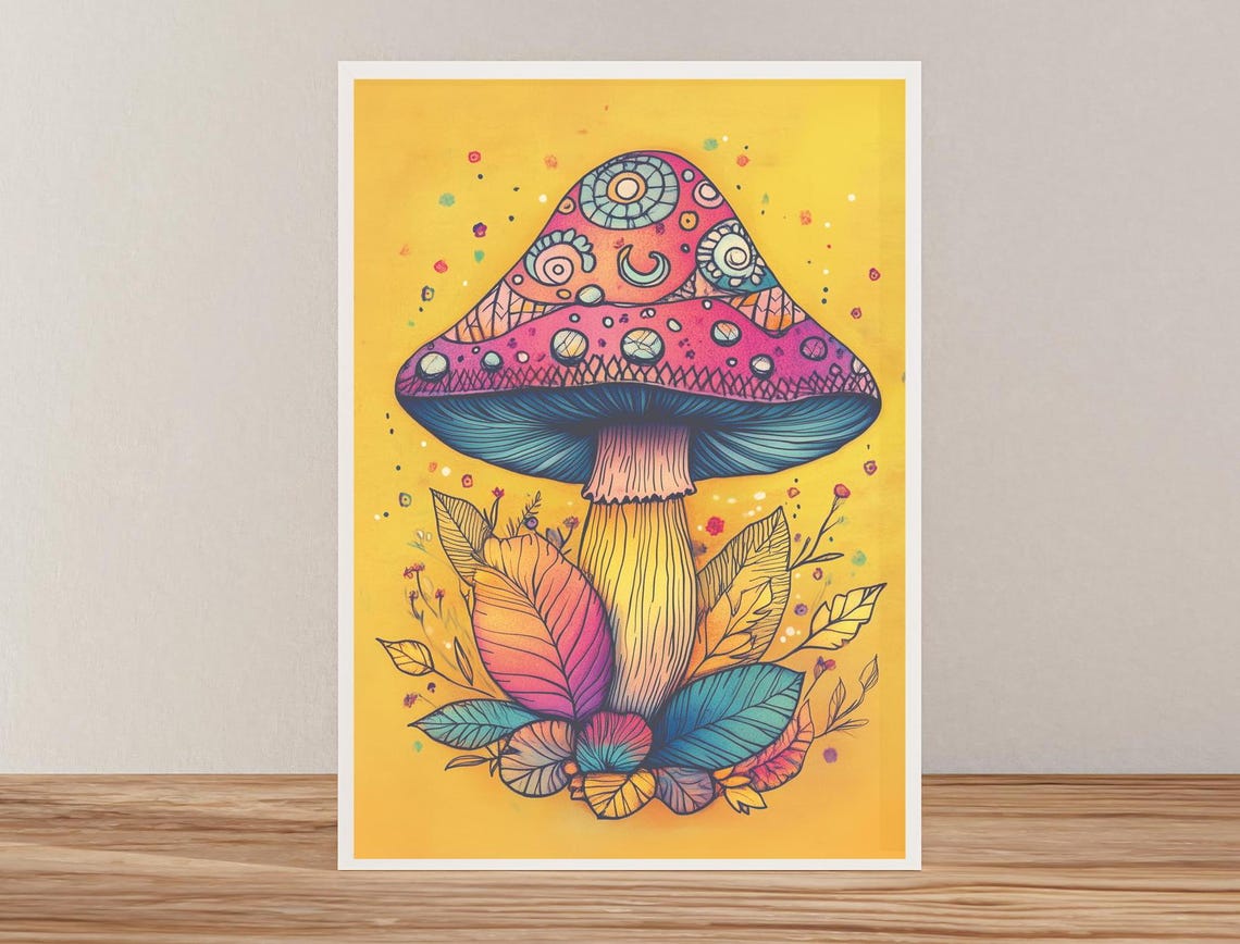 Celestial Patterned Mushroom On Yellow Psychedelic Art Poster