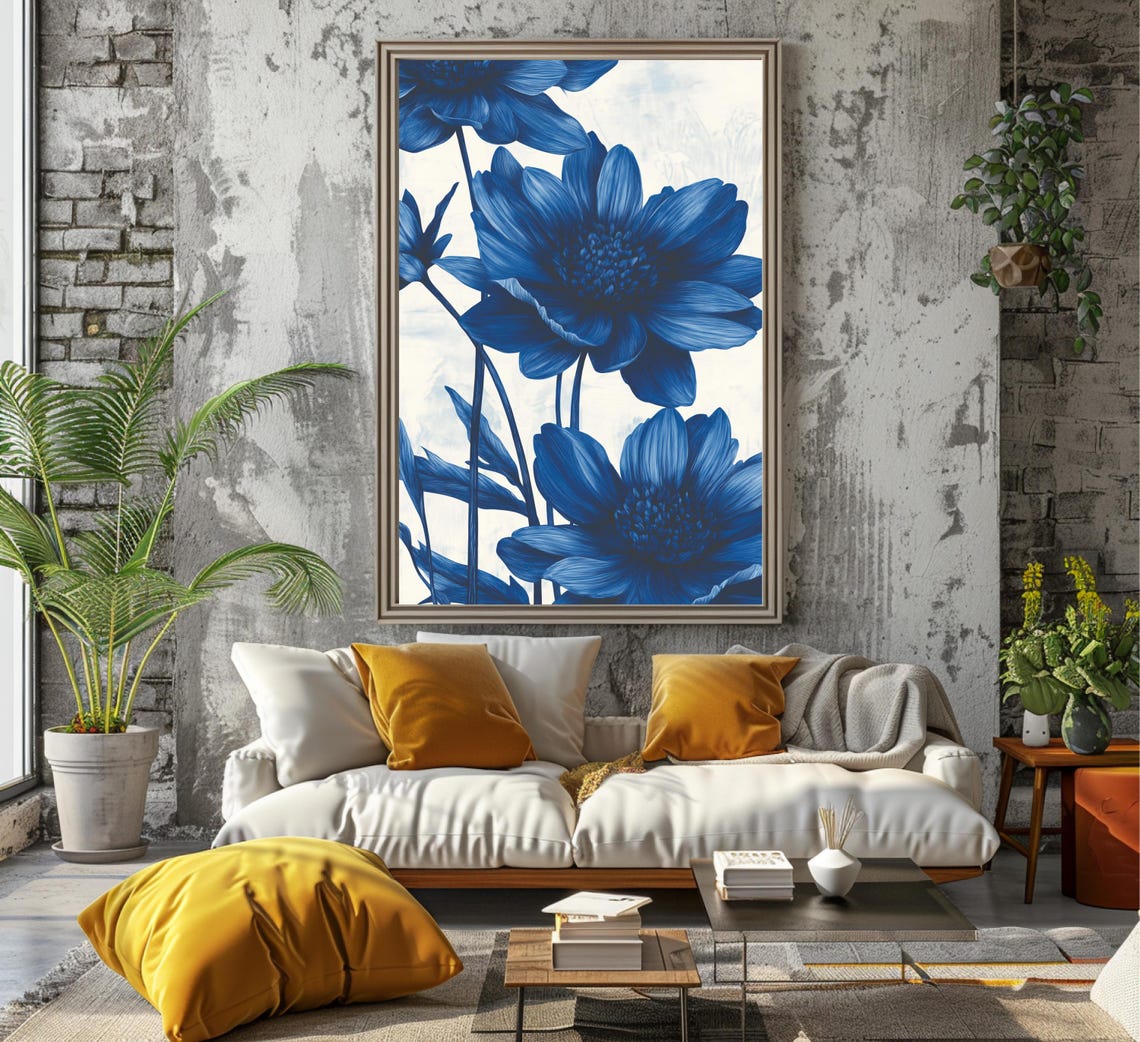 Cobalt Blue Monochrome Blooms White Background Floral Art Poster - Image 6