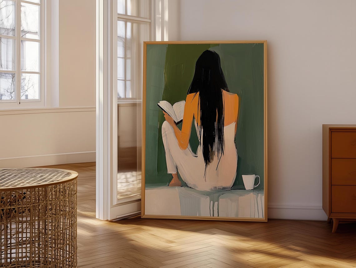 Emerald Green Abstract Minimalist Print Woman Reading With Coffee Wall Art Classic Wall Art Retro Vintage Painting Art - Image 6