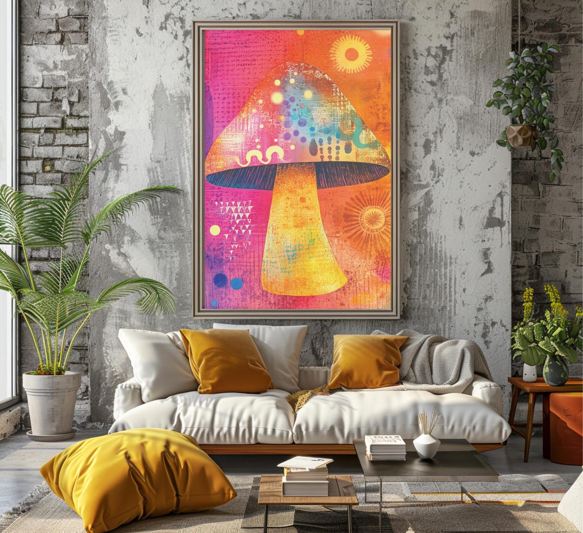 Colorful Abstract Mushroom on Pink Orange Sun Pattern Art Poster - Image 7